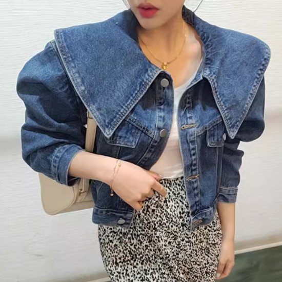 デニムジャケット レディース アウター 羽織 上着 長袖ジャケット ショート丈ジャケット 大きめ襟 ドールカラー フロントボタン カジュアル お出かけ おしゃれ きれいめ 個性的 春夏 ファッション
