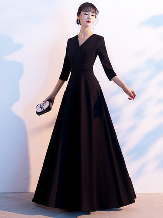 Vネック シンプル フレア ロング ドレス 黒 七分袖 上品 Vネック 七分丈 無地 ロング 謝恩会 結婚式二次会 かわいい 大人可愛い きれいめ シンプル カジュアル 上品 おしゃれ ラフ