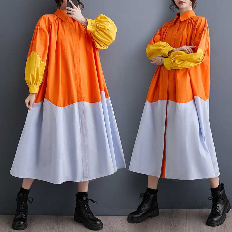 「ファットガール」 秋 シャツワンピース ドッキング 大きいサイズ 体型カバー レディース ロングワンピース メガ割