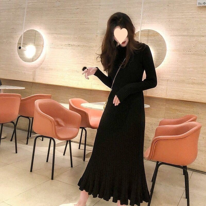 【1つ買うと10つ無料】秋と冬の新年の新年の長い膝の怠 なニットセーターブルーミングドレススリムネックボトムテイルスカート