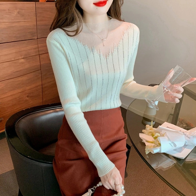 クーポン セーター レディース クルーネック リブニット 暖かい 柔らかい ストレッチ インナー 着痩せ 長袖 着回し 透かし彫り 無地 シンプル お洒落 可愛い トップス カジュアル 通勤 秋 ニッ