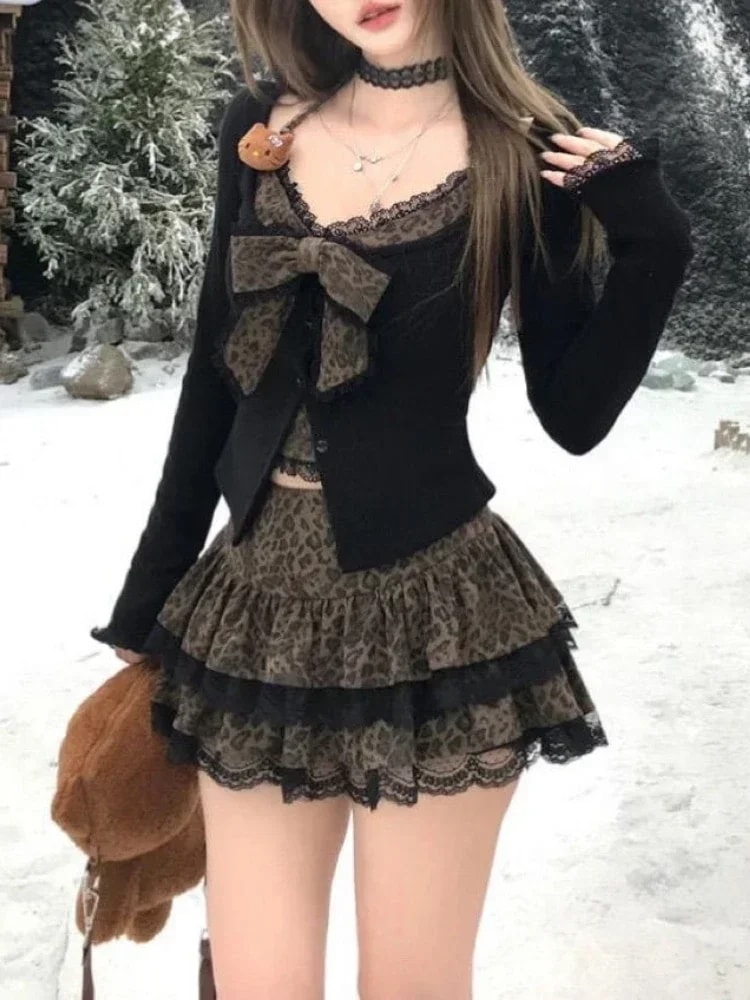 女性のためのセクシーなヒョウ柄のスカートスーツ,偽のツーピーストップ,レースのケーキスカートセット,日本のy2kリボンセット,2000年代の服,秋冬 - 200000345