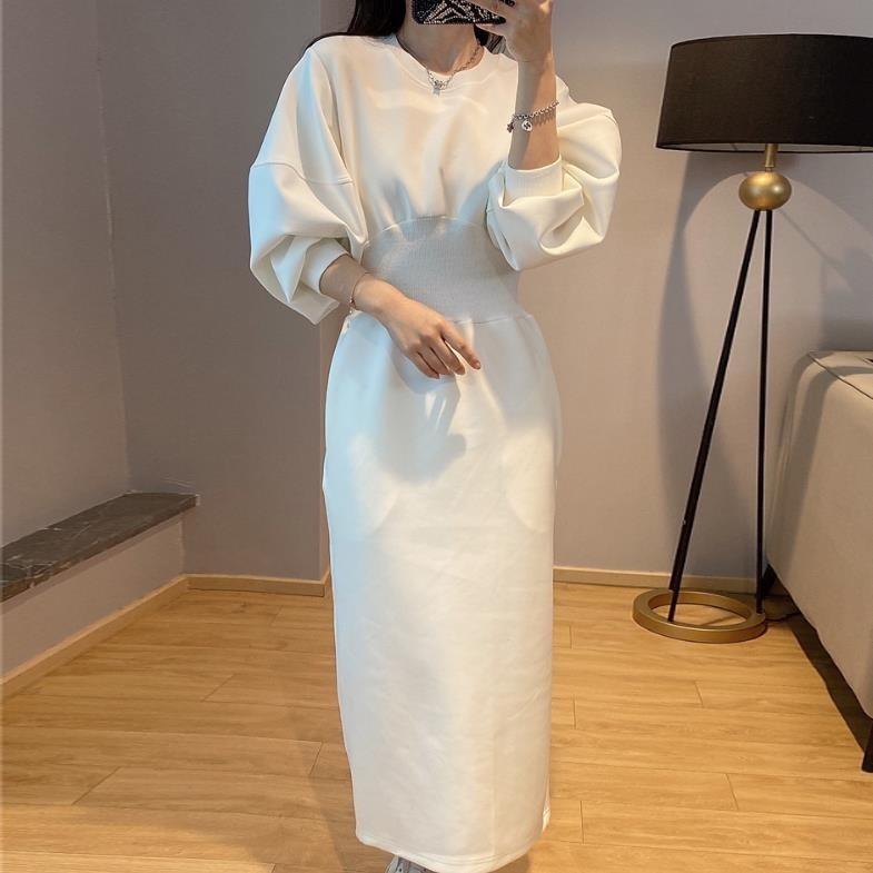 ワンピース ロングドレス ミモレ丈 バルーン 韓国 レディース オルチャン ミモレ丈ワンピース ロング ロング丈 袖あり 長袖 ボリューム袖 ぽわん袖 バルーン袖 かわいい 大人可愛い