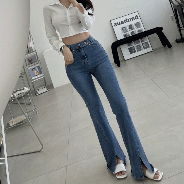 アンバランス ツーボタン ハイウエスト ウォッシング ジーンズ ロングロング スリット ブーツカット ジーンズ