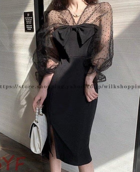 パーティードレス 黒 袖あり 結婚式 お呼ばれ ドレス 韓国 長袖 シースルー ワンピース 切り替え リボン タイトワンピース 膝丈 スリット