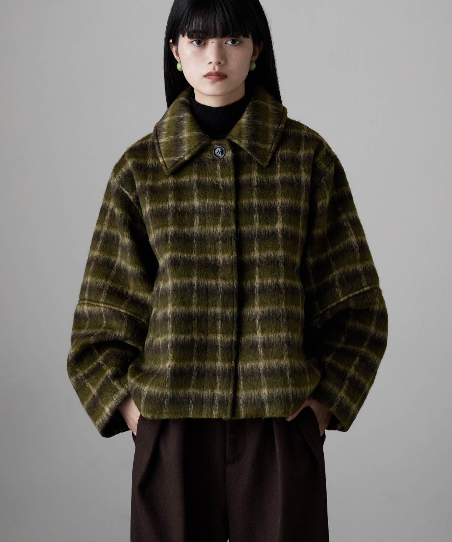 チェックシャギーコクーンスリーブジャケット アウター ジャケット ブルゾン 長袖 ステンカラー チェック柄 ダッドジャケット ゆったり ビッグシルエット セットアップ 毛 ウール混
