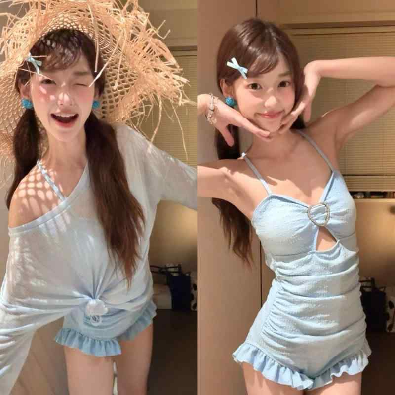 水着 レディース ワンピース 体型カバー 露出少なめ かわいい フリル 体系カバー おしゃれ ビーチ リゾート 海水浴 プール 2点セット ブルー ポリエステル