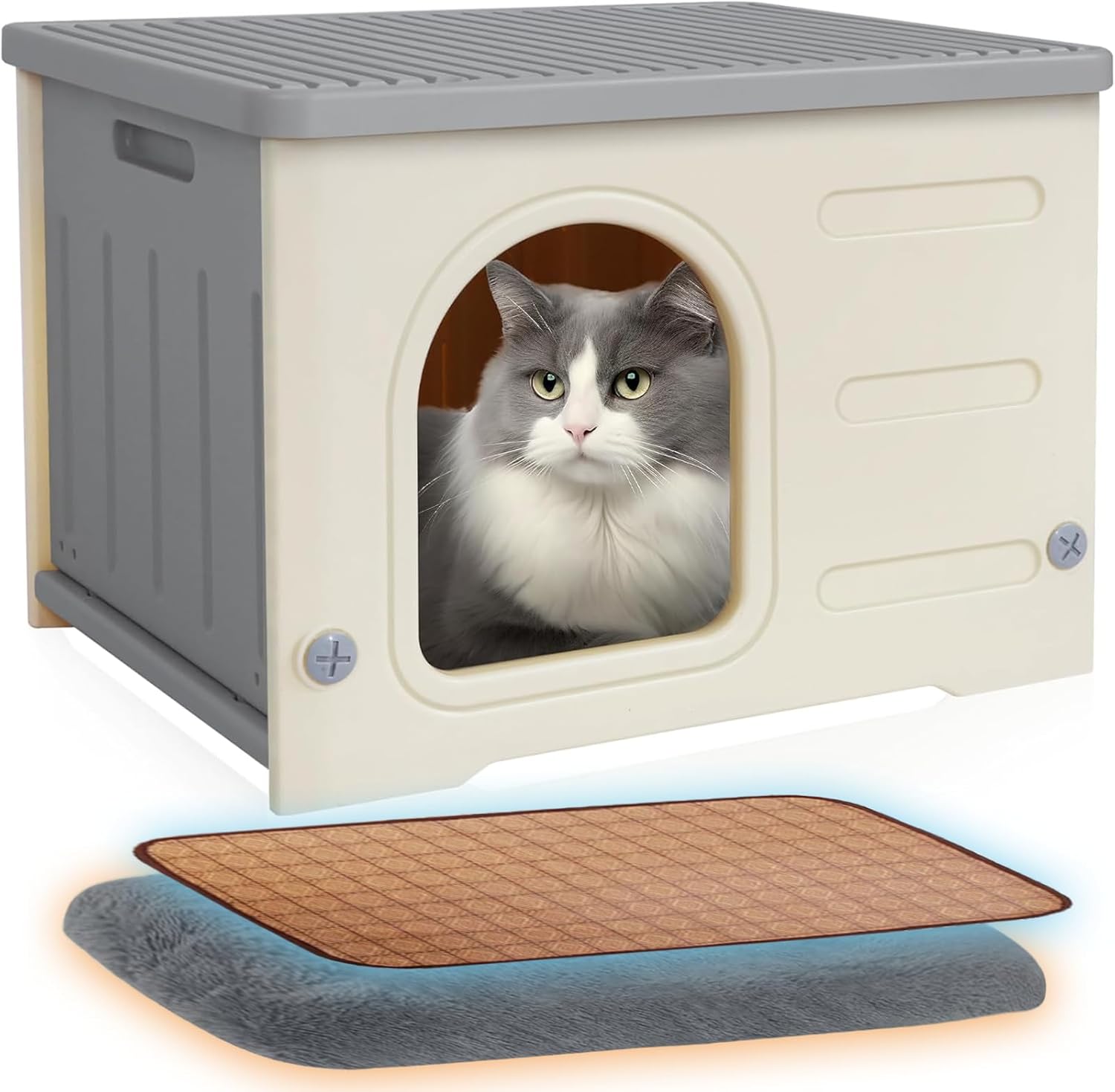 猫ハウス 小型犬用 組み立て式 屋外室内兼用 防水防風 換気機能 四季通用 毛布付き 冷感マット付き グレー色
