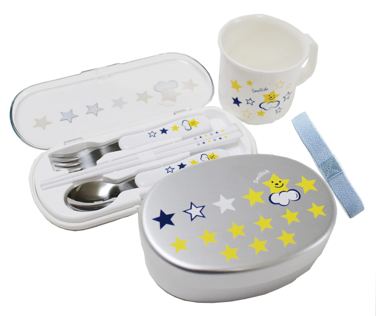 ランチ３点セット 幼稚園（内ブタ付アルミお弁当箱カトラリーセット耐熱コップ)スマイリースター柄