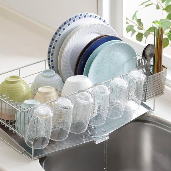 水切り 大容量 シンク上 スリム 水切りラック 水切りかご 水切りカゴ ステンレス 箸立て 日本製 金属製 トレー 斜め グラスホルダー フック カトラリー容器