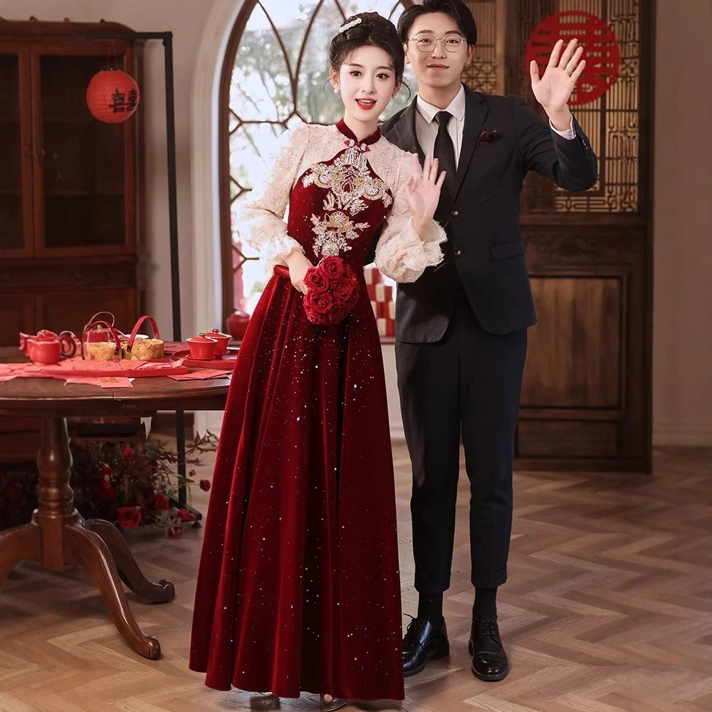 中式 チャイナドレス お色直し 2026 新婦 結婚 気品 高級感 秋 春 レッド 結婚式 婚約 ドレス