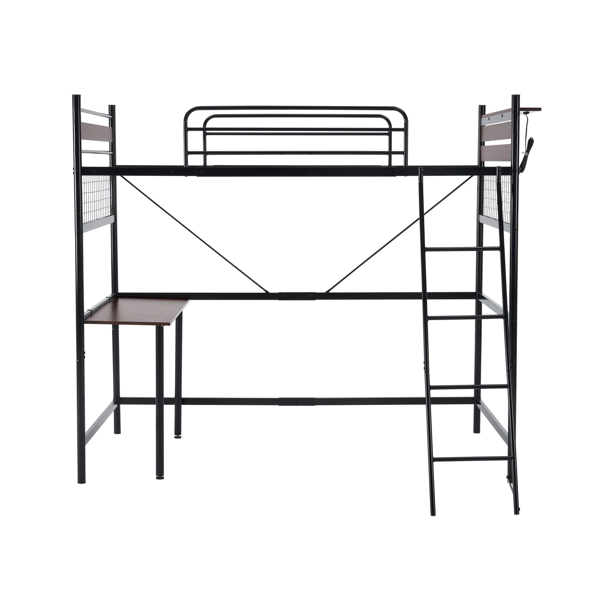 109【ブラック】システムベット ３WAYロフトベッド　シングル 収納付き デスク付き 北欧風 スチール 耐震　デスク付き・移動可能 コンセント付き メッシュパネル付き 高さ３段階