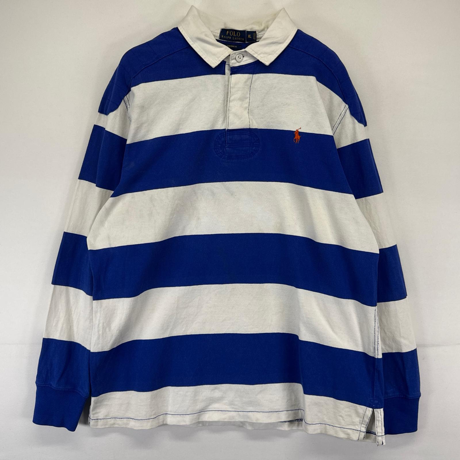 古着 ポロバイラルフローレン Polo by Ralph Lauren 長袖シャツ ラガーシャツ ワンポイント 刺繍 ブルー XL ホワイト系 ボーダー メンズ
