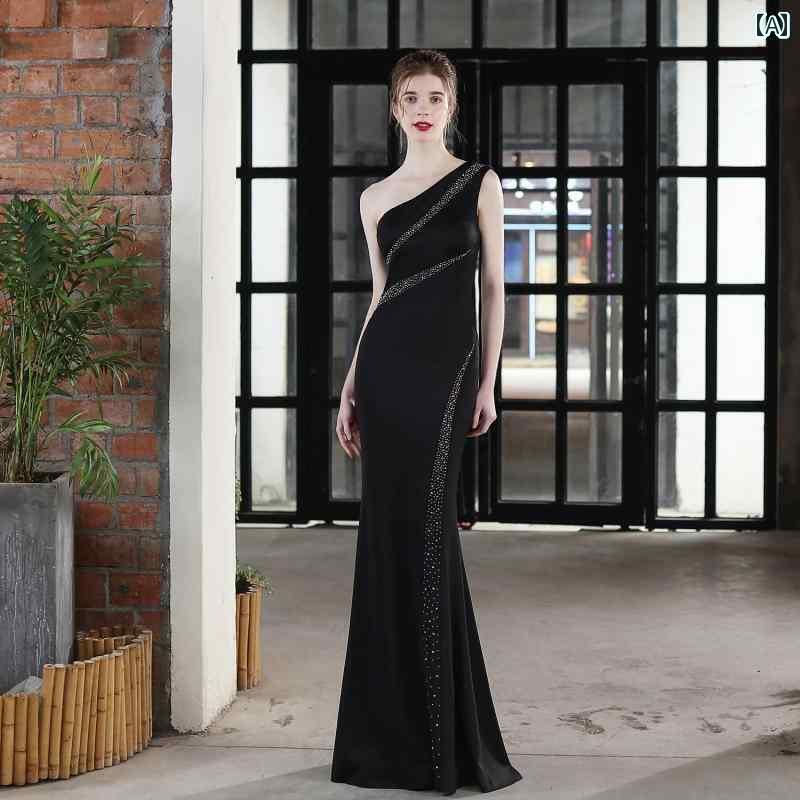 イブニングドレス レディース ワンショルダー 夏 宴会 パーティー マーメイド きれいめ パフォーマンス きいサイズ 袖なし キラキラ ライン 黒 赤 アプリコット