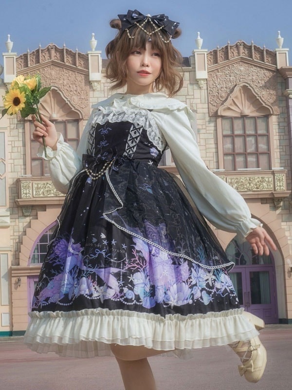 【全店任意2枚購入で100円OFF】甘ロリ　JSKドレス　人魚ひげ柄　フリル　ロリータジャンパースカート