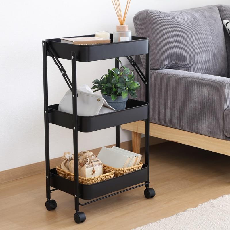 不二貿易 キッチンワゴン 3段 折りたたみ キッチン収納 幅43.3×奥行27.6×高さ73.2cm キャスター付き 隙間収納 工具不要 スパーク ブラック 50615