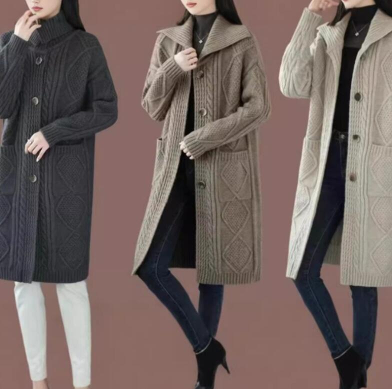 【期間特典】カーディガン ロングカーディガン ハイネックカーディガン　厚手 ケーブル ニットカーディガン ロング ポケット付き コーディガン 羽織り ざっくり編み 大きサイズ ひざ丈 秋冬