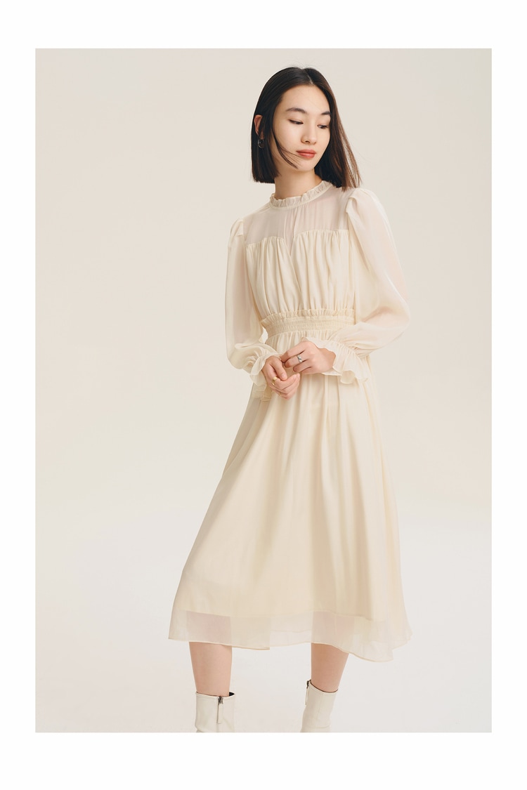 秋 婦人服 優雅 スタイル レトロ スリム ハイウエスト 長袖 ドレス ワンピース ふんわり 柔らかい ホワイト S M L ワンピース 膝丈 袖あり 長袖 かわいい 大人可愛い きれいめ シンプル