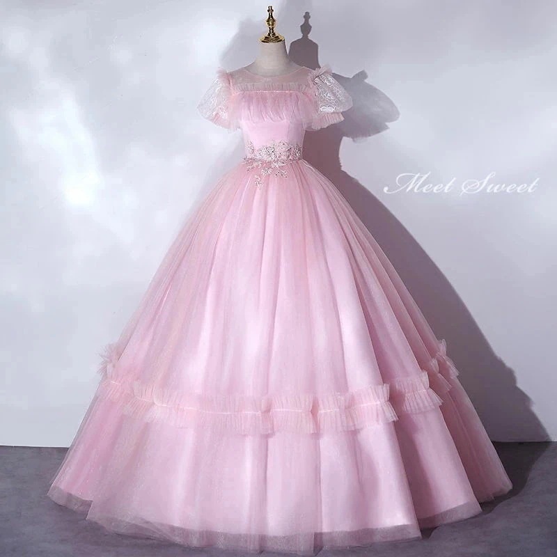 ウェディングドレス ウエディングドレス パーティードレス プリンセスラインドレス ピンク カラードレス 結婚式 成人式 発表会ドレス 演奏会 パフスリーブ コンサート コンクール お誕生日