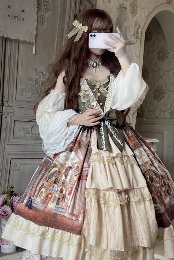 宮殿風春夏ワンカラーゴスロリワンピース ロリィタ サスペンダースカートOP Lolita ロリータ コスプレ ウェディングドレス日常服ゴスロリワンピース レディースフリルレース ワインカート 可愛いお