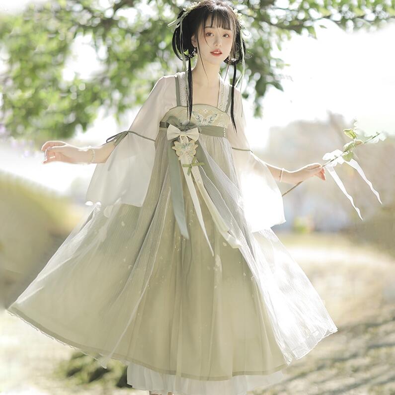 漢服 チャイナドレス 漢風 ドレス フレア袖 チャイナドレス 改良版漢服 漢元素 コスプレ衣装 学園祭 文化祭 撮影衣装 コスチューム 謝恩会 発表会 エレガント 可愛いドレス グリーン
