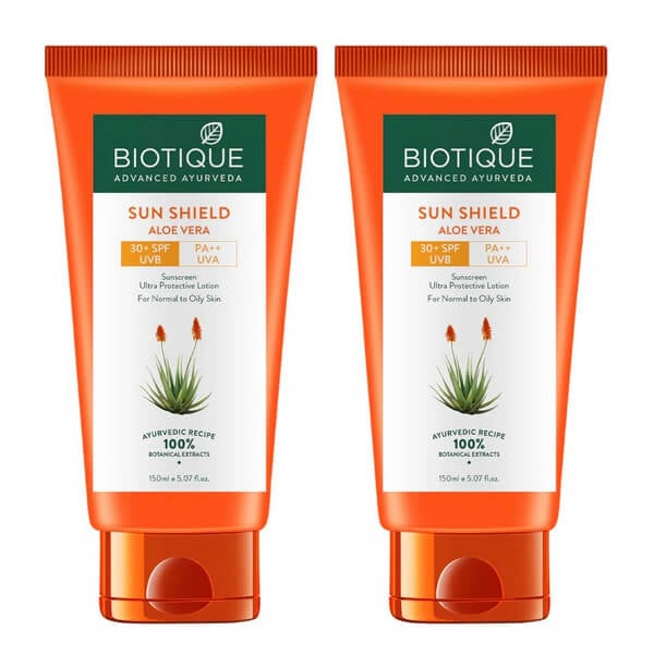 サンシールドアロエベラサンスクリーン 150ml 2本 SPF30+ バイオティーク Biotique 日焼け止めクリーム 植物成分 アーユルヴェーダ 海外発送 日時指定不可 国際郵便発送