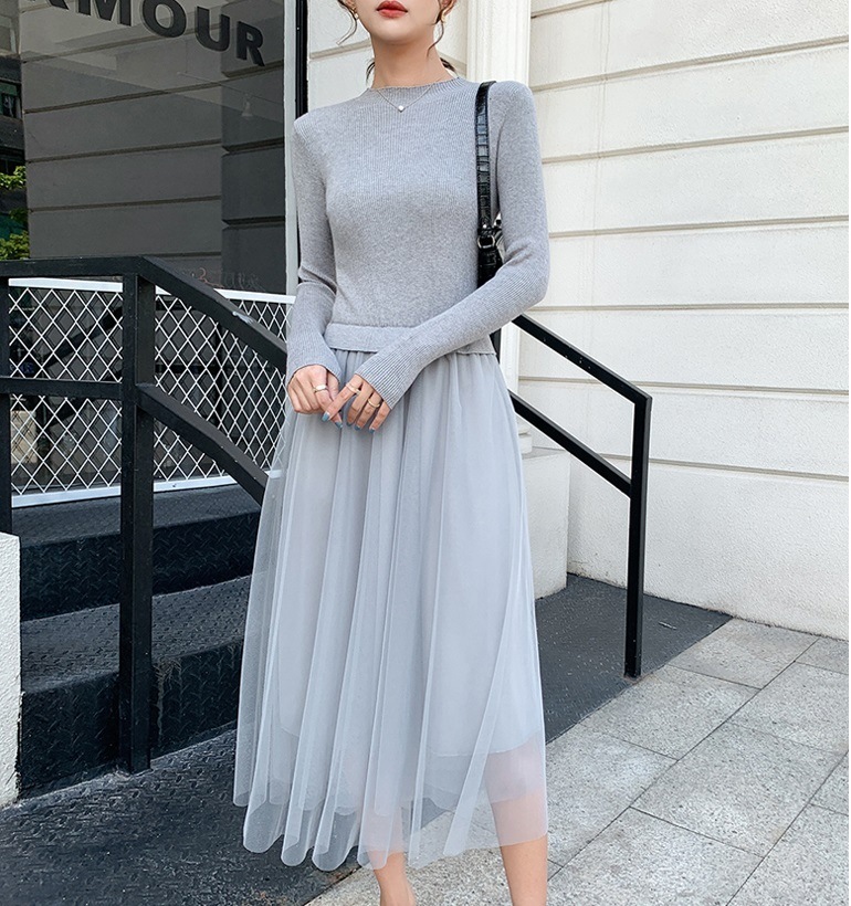 【送料無料】レディース 3カラー ワンピース 異素材MIX 長袖 リブ チュールスカート