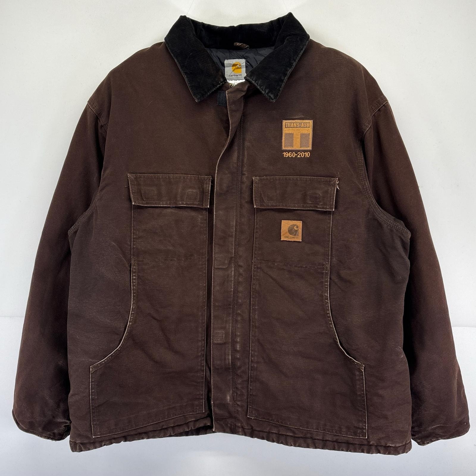 古着 ワークジャケット 大きいサイズ ワンポイントロゴ ワッペン トラディショナルコート 2XL ブラウン メンズ