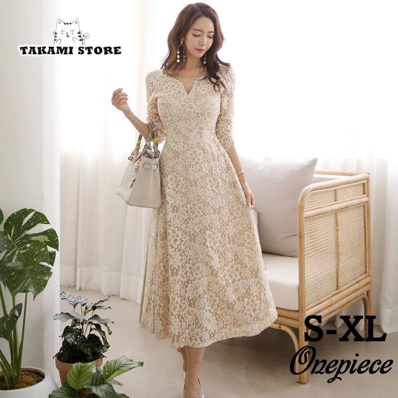 【3日間発送】パーティードレス 結婚式 ワンピース ドレス 大きいサイズ 袖あり ロング丈 Aライン 春夏秋 レース おしゃれ 20代 30代 40代 50代 総柄 上品 韓国 5,087円