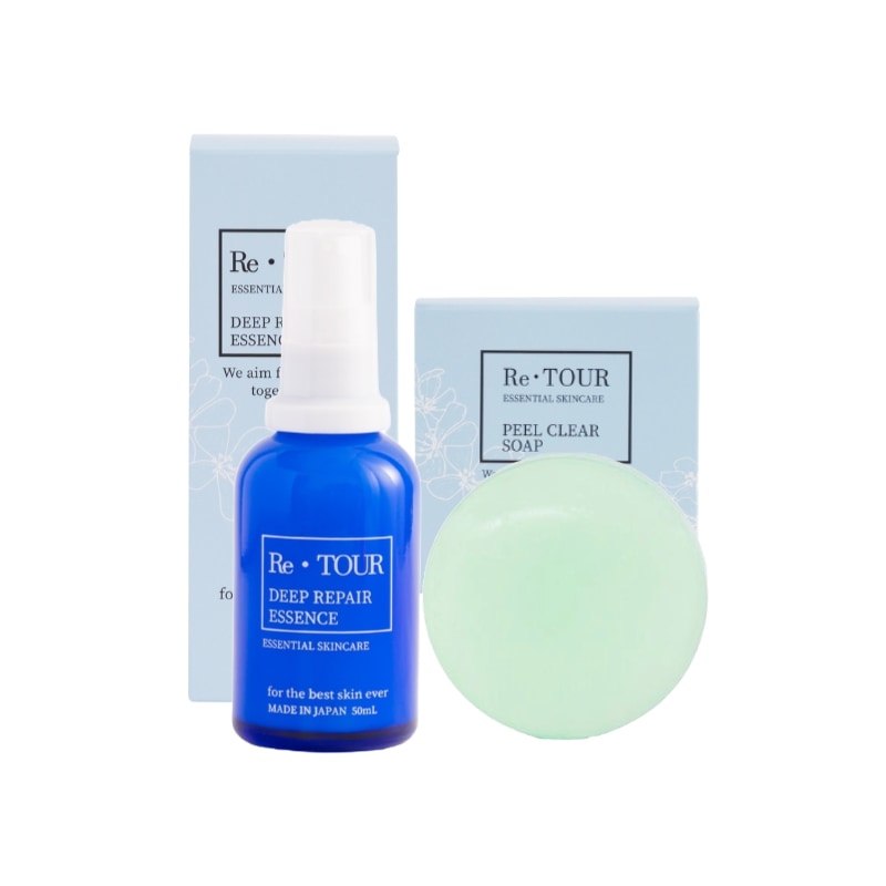 ディープリペアエッセンス（50ｍL）・ピールクリアソープ（90ｇ）各１　基本セット　美容液.洗顔石鹸