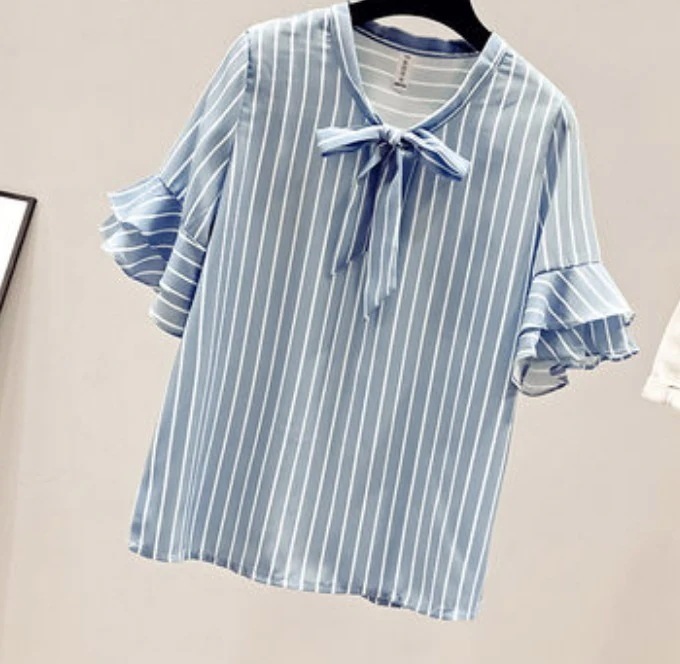 トップス デート かわいい 大人可愛い きれいめ シンプル カジュアル 大人 上品 おしゃれ お洒落 ストライプ フリル 半袖 リボン 体型カバー ママ オフィス 通勤 通学 夏 春夏 韓国　XL