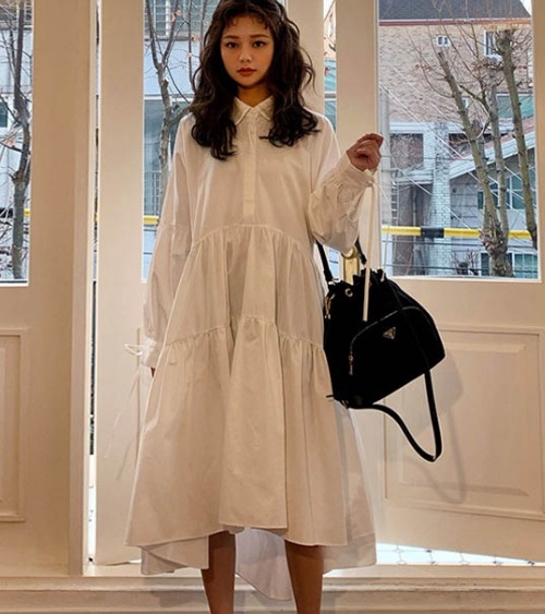 ティアードロングシャツワンピース ワンピース ロング丈 袖あり 長袖 ホワイト ゆったり バルーンスカート ボリューム袖 大きいサイズ