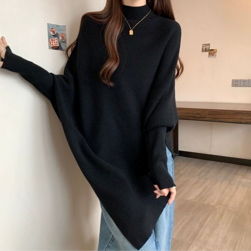 ケープセーター ニットトップ ハーフタートルネック バットスリーブセーター リブニットセーター レディース 長袖 アシンメトリー シンプル おしゃれ エレガント とろみ感 秋 冬 お出かけ 休日