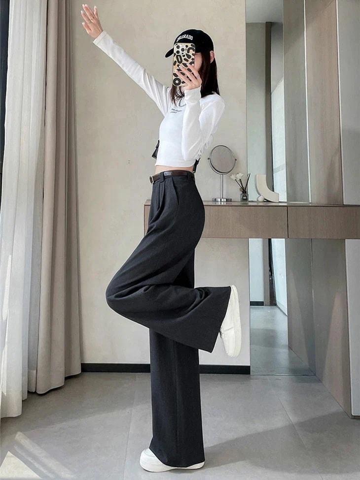 【急速出荷!】ハイウエスト スーツパンツ レディース ワイドレッグ ストレートパンツ カジュアル モップパンツ スーツ ボトムス 通勤 ビジネス オフィス OL シンプル きれいめ 韓国ファッション