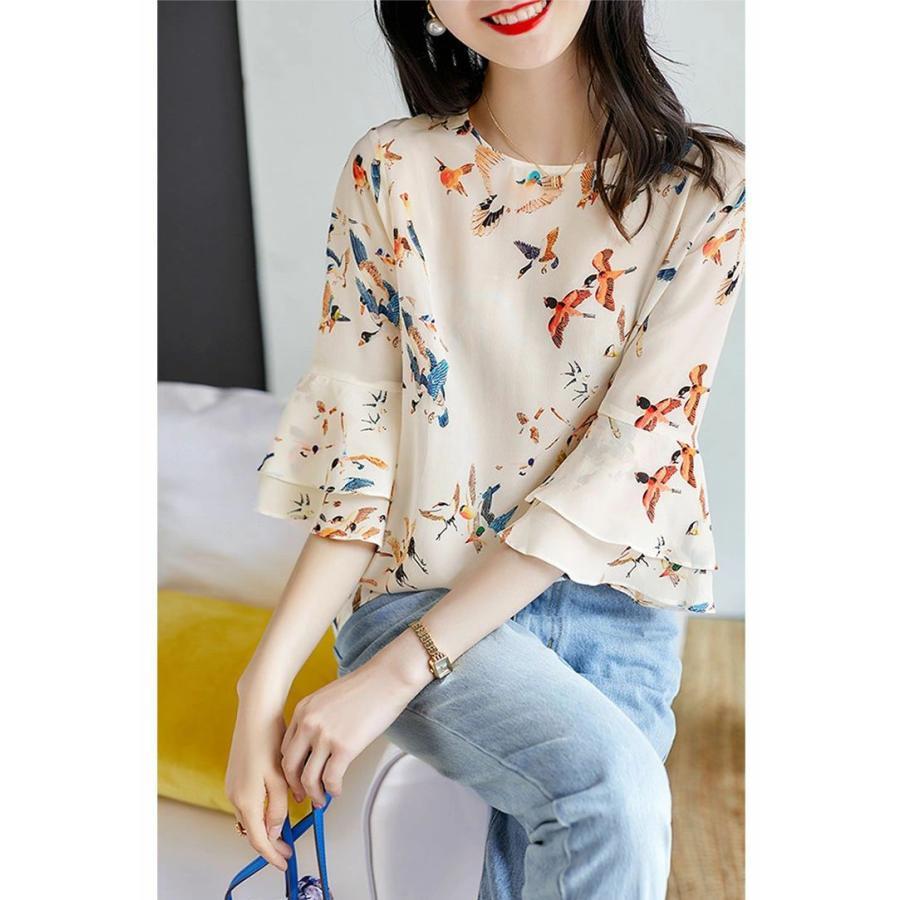 夏新作ブラウス レディース きれいめ 40代 春夏 新作 オシャレ ブラウス シフォン シャツ 五分袖トップス 鳥プリント フレアブラウス 大人 通勤 シャツ