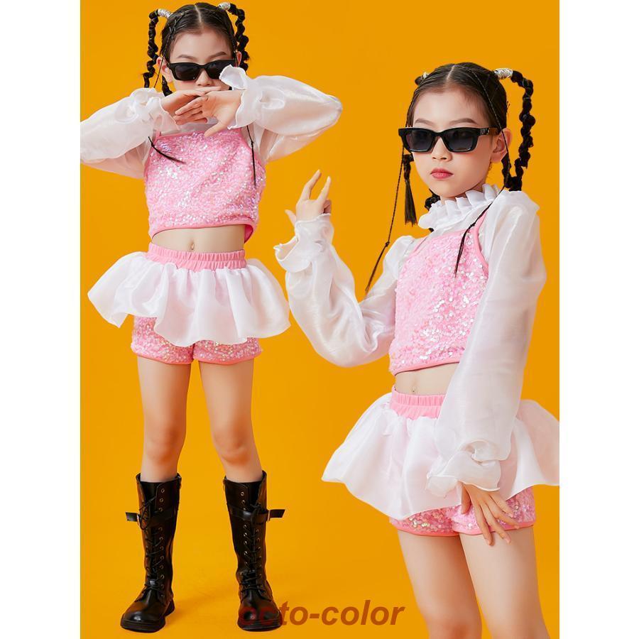 キッズ ダンス衣装 へそ出し服 ガールズ ジャズダンス 韓国 HIPHOP ロックダンス衣装 キッズダンスピンク スパンコールセット JAZZ DANCE スーツ 練習着