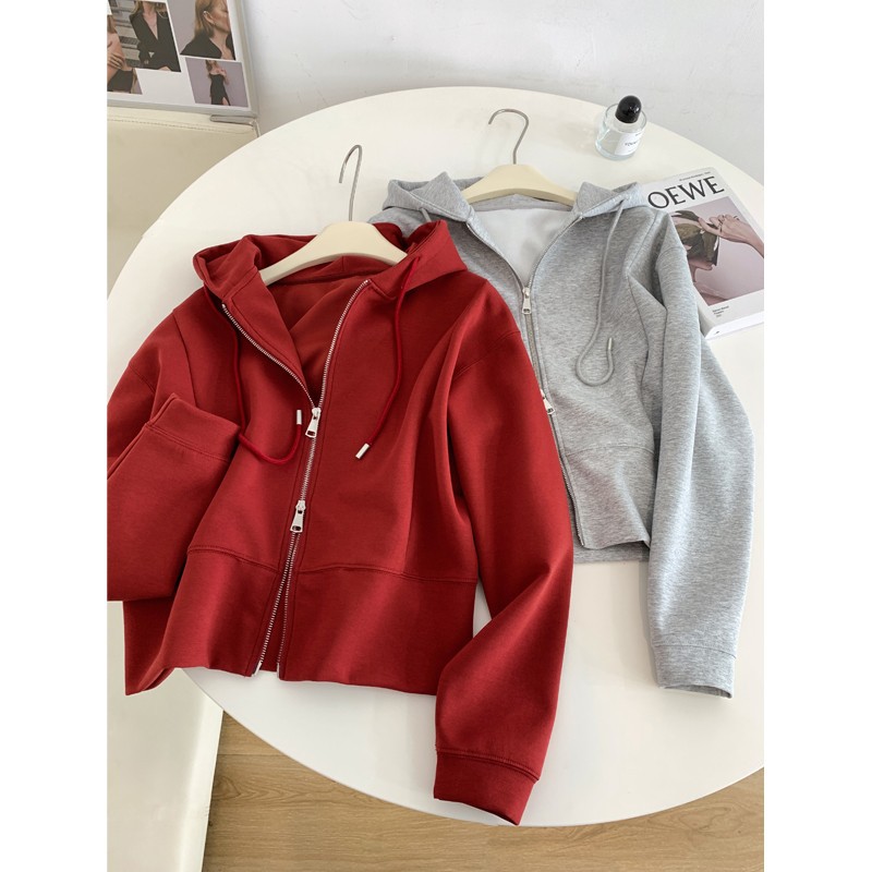 シンプルなベーシック無地エアコットンフード付きジッパースウェットシャツ女性秋ショートパーカージャケット