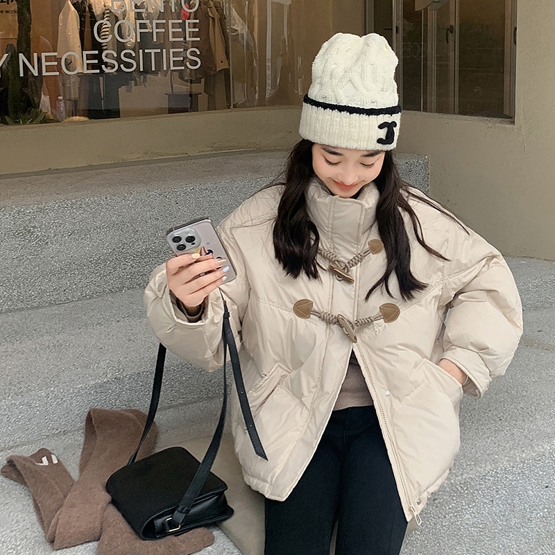 ジャケット 2024 冬ダウンコットンコート韓国スタイルホーンボタン女性の年齢を減らすショート学生パンコート
