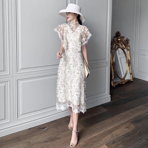 白ドレスサマードレスリゾートドレスワンピースロングドレスレース花柄ハイネック夏半袖おしゃれ可愛い韓国Aラインフレアシースルー透け感個性的エレガントフェミニン二の腕カバーお呼ばれ女子会食事会大きいサイズ