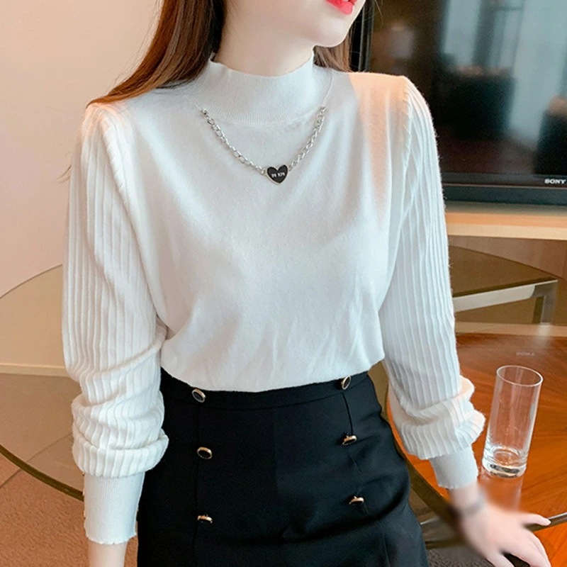 トップス レディース 秋冬 チクチクしない ニット レディース ハイネック リブニット セーター 長袖 秋 秋冬 チェーン付き タートルネック インナー 無地 ニット セーター ボリュームスリーブ リ