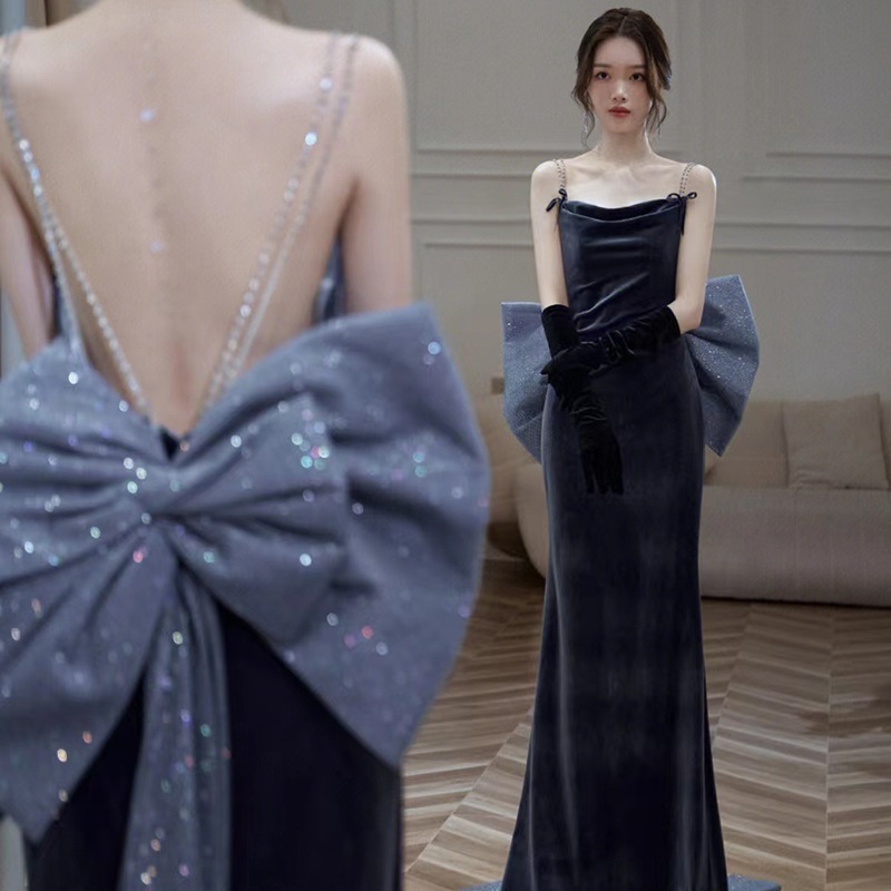 【送.料.無.料.急速発送】ブルーテール2025セクシー背中見せストラップドレス 演奏会 ウェディング 発表会 成人式 二次会 お呼ばれ