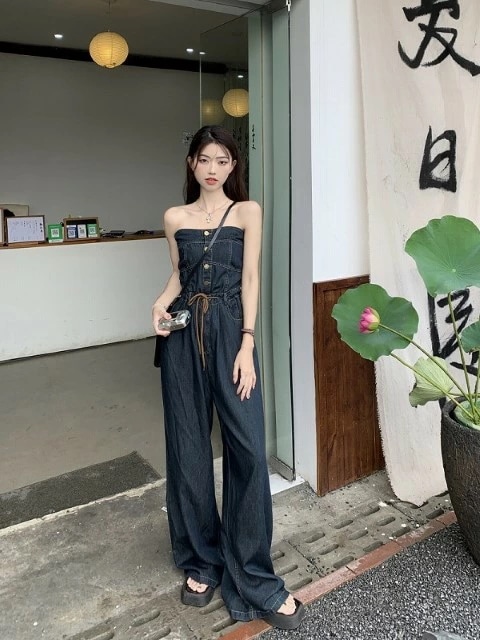 オールインワン チューブトップ スリム 着痩せ デニム シンプル大きいサイズ レディース 春夏 スカート パンツ ガウチョ ドレス サロペット ロンパース all-in-one