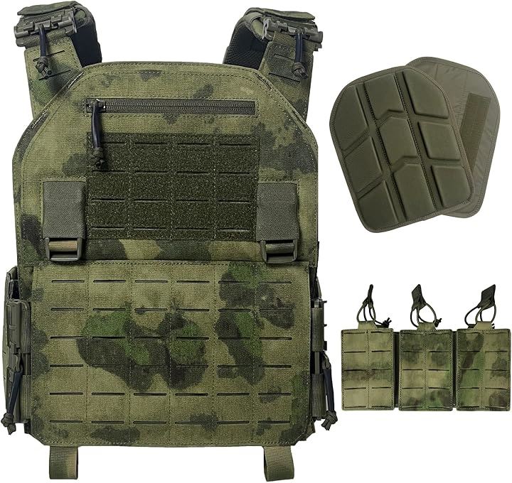 タクティカルベスト サバゲー用 3連 マグポーチ付き 軽量 プレートキャリア レーザー切断 サバイバルベスト MOLLE モール 戦術 クイックリリース バックル( ATFG迷彩)