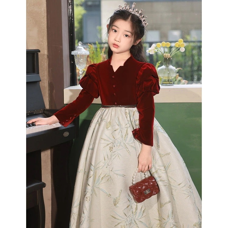 子供ドレス ベロア ベルベット ワイン赤 ピアノ発表会ドレス ロングドレス 長袖 パフスリーブ 女児ドレス 裏起毛 厚手 暖か 演奏会ドレス キッズドレス ドッキング 切り替え オシャレ 女の子ドレス