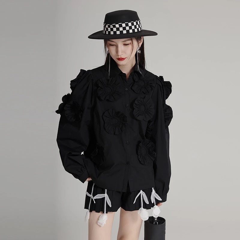 今年も人気可愛い長袖ブラウス立体花の通勤トップス シャツ