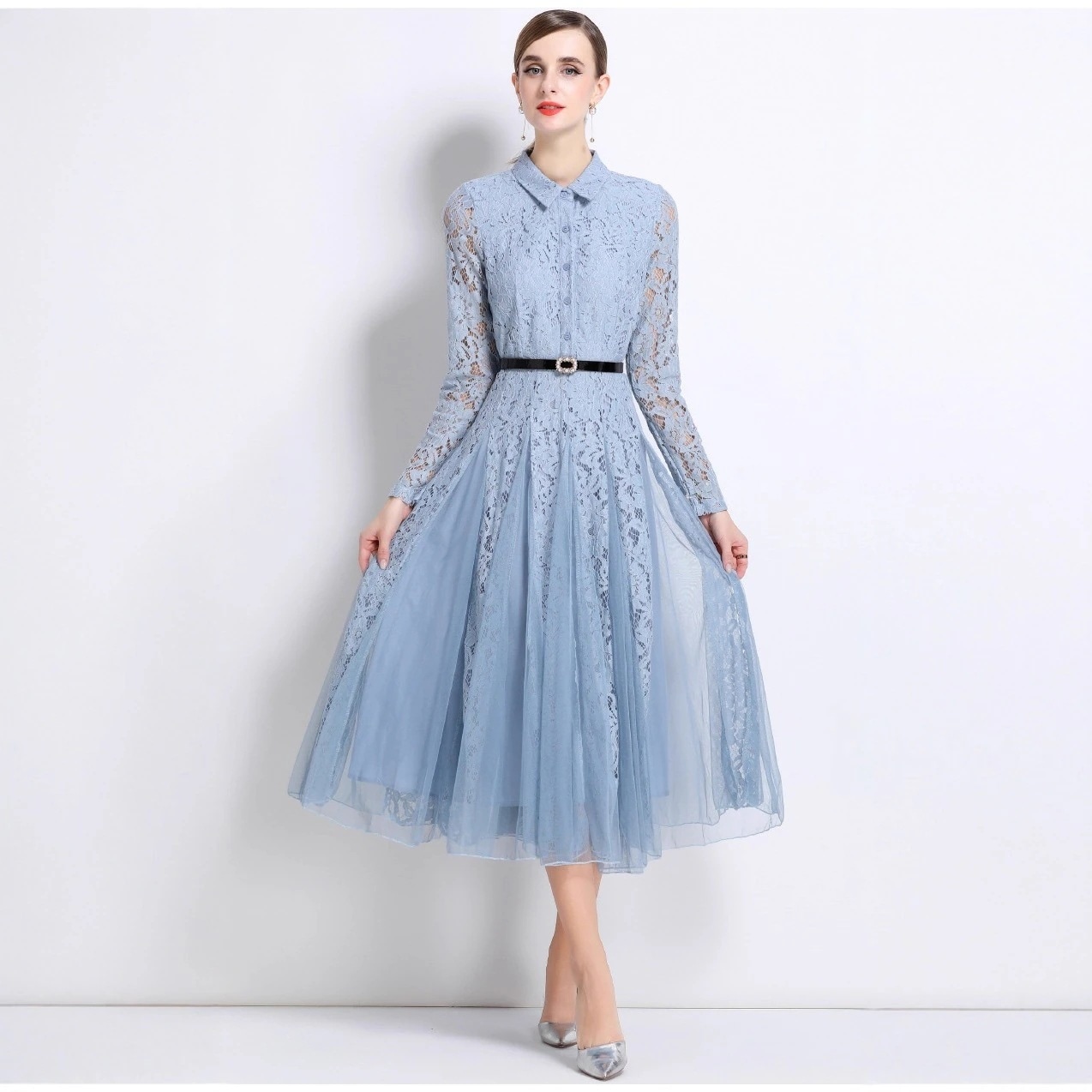 刺繍レースフラーワンピース（ノッチドカラー・春新作） 入学式 卒業式 結婚式 演奏会 パーーティー お呼ばれドレス