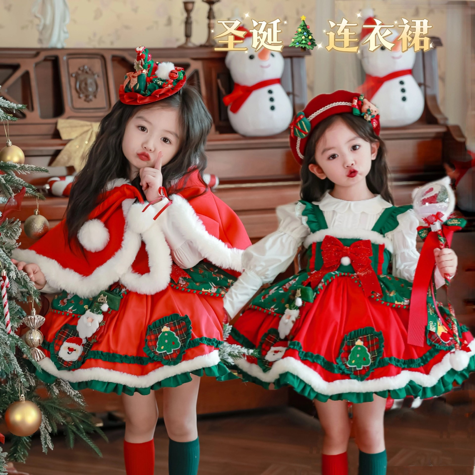 子供クリスマス服ヘラジカプリントドレスレッドケープ冬女の子ロリータプリンセスドレスおしゃれ