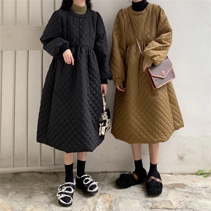 中綿ワンピース キルティング aラインワンピース ロング丈 ハイウエスト レディース ギャザー 長袖 大きいサイズ 着痩せ 秋 冬 きれいめ おしゃれ 体型カバー