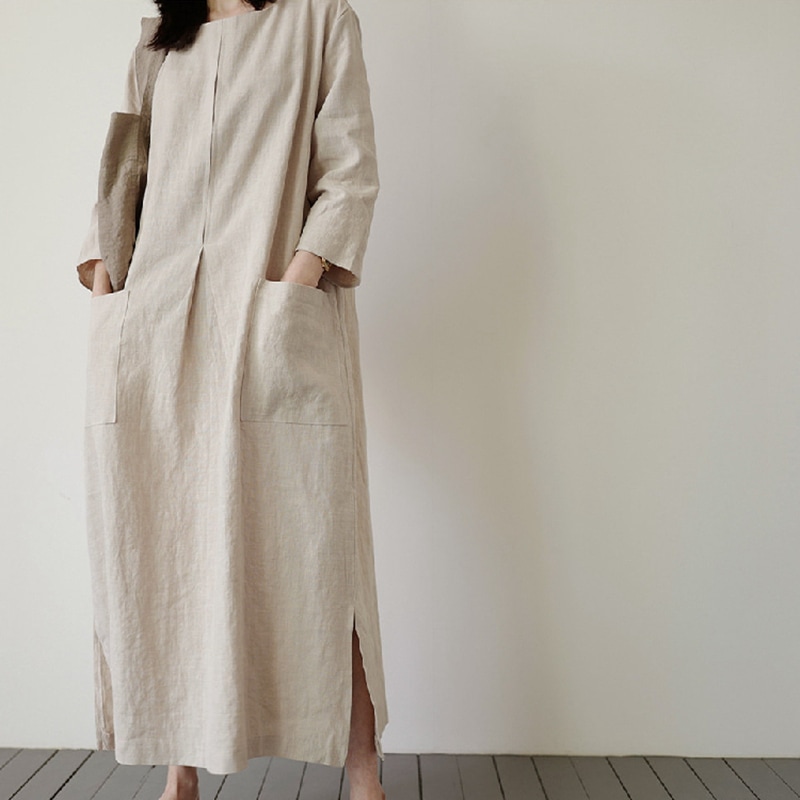 ワンピース フレアワンピース ワンピドレス ロング ロング丈 袖あり 長袖 ラウンドネック 襟なし ストレート スリット ポケット 綿 リネン 大人可愛い 大人 おしゃれ 大人女子 ルーズ 無地