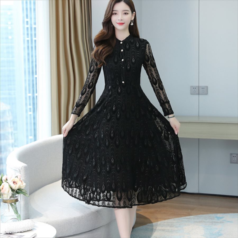 ロングドレス ドレス dress 衣装 ワンピース パーティドレス ロング ロング丈 膝下 ミモレ ミモレ丈 袖あり 長袖 クルーネック Aライン フレア レース エレガント 可愛い
